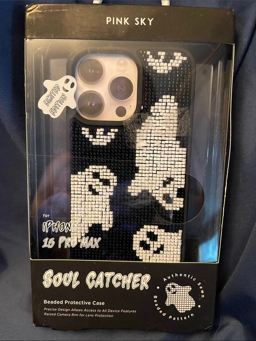 Pink Sky Soul Catcher Beaded Phone Case for iPhone 15 Pro Max - Black & White